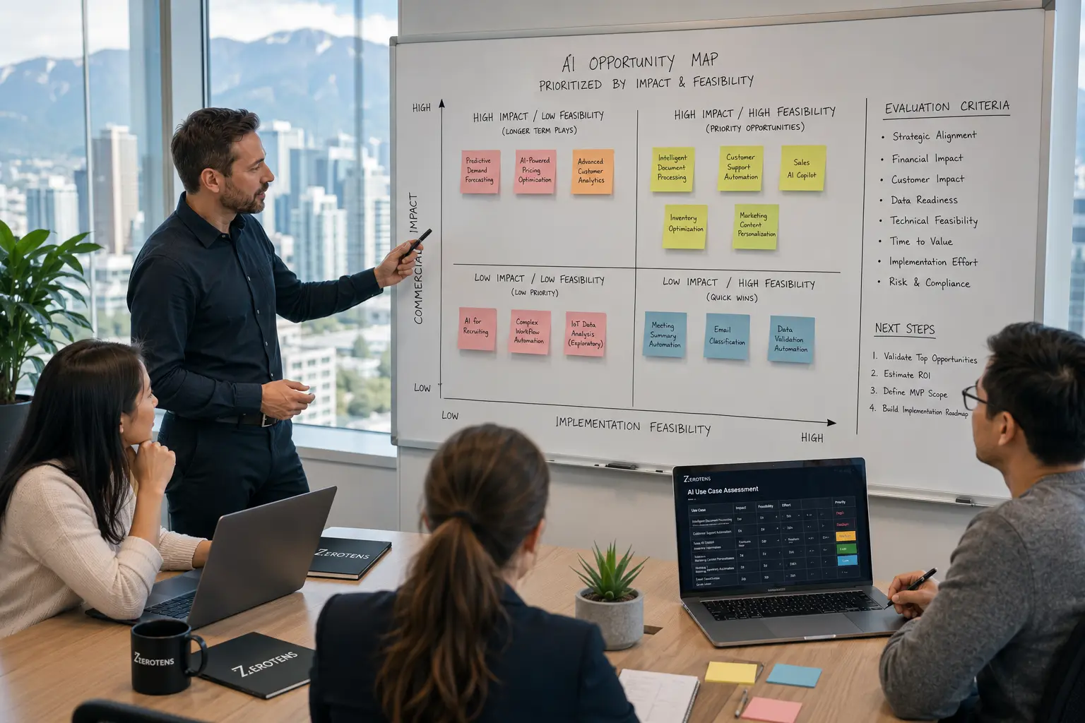 AI consulting services risk reduction showing consultant reviewing AI implementation risk assessment with client in bright Vancouver meeting room