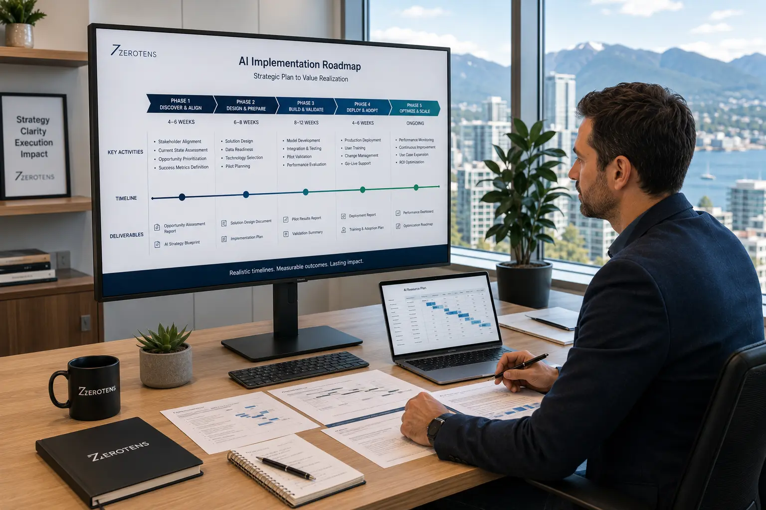 AI consulting services implementation planning showing project manager reviewing AI deployment timeline and resource plan in bright Vancouver office