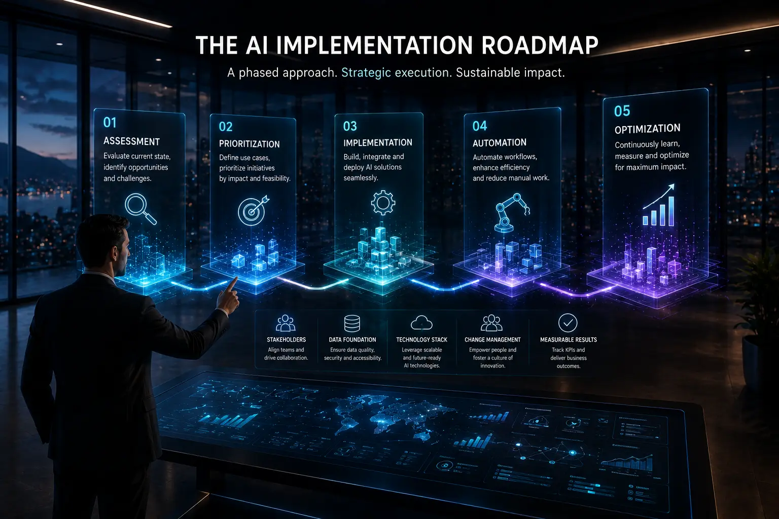 AI implementation strategy showing Vancouver strategy team reviewing phased roadmap in bright daylight boardroom
