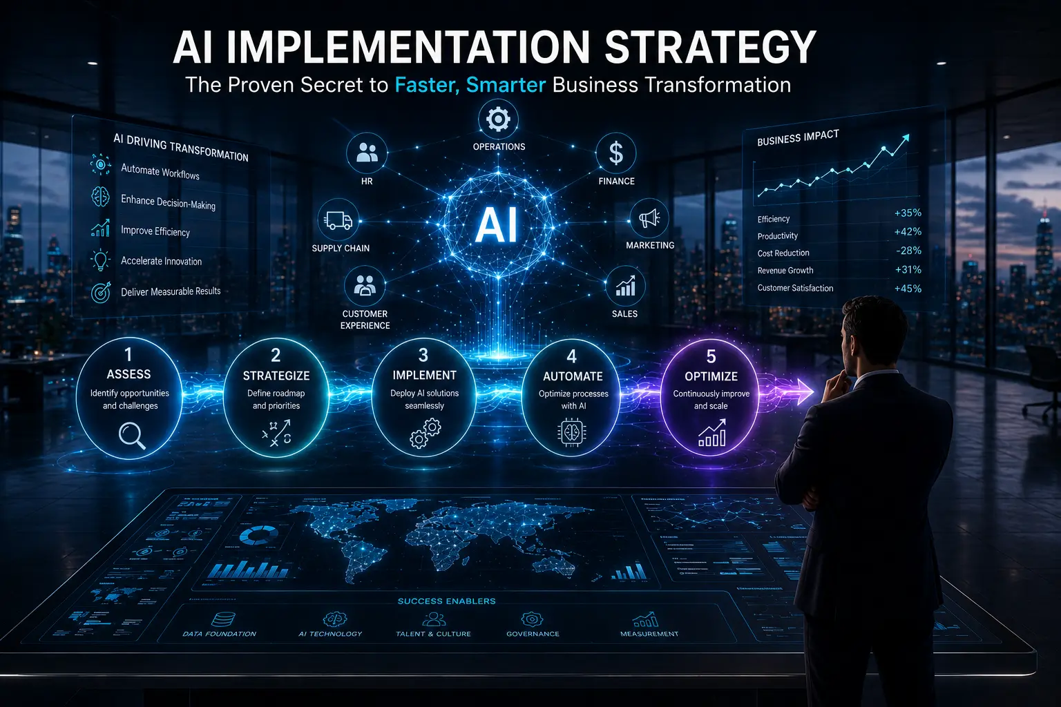 AI implementation strategy planning showing consultant and client mapping AI roadmap on glass wall in bright Vancouver office