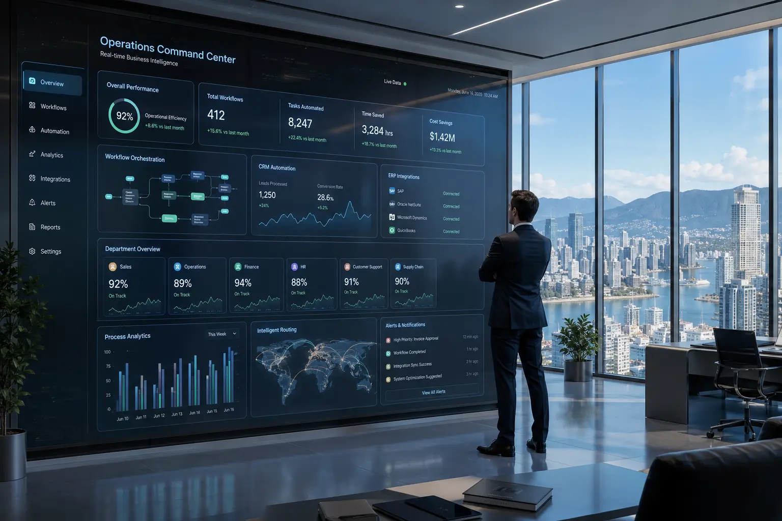 business process automation showing employee reviewing workflow automation dashboard with completion metrics in bright Vancouver office 