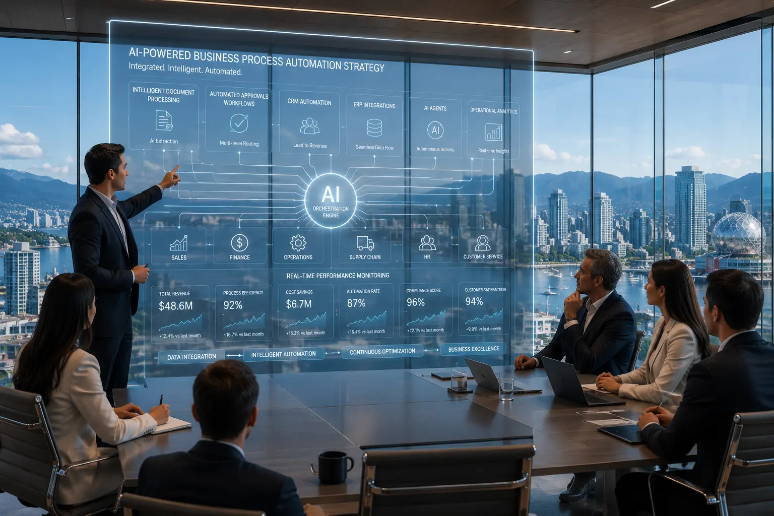 Business process automation connecting finance, sales, logistics, HR, customer service, and operations through AI