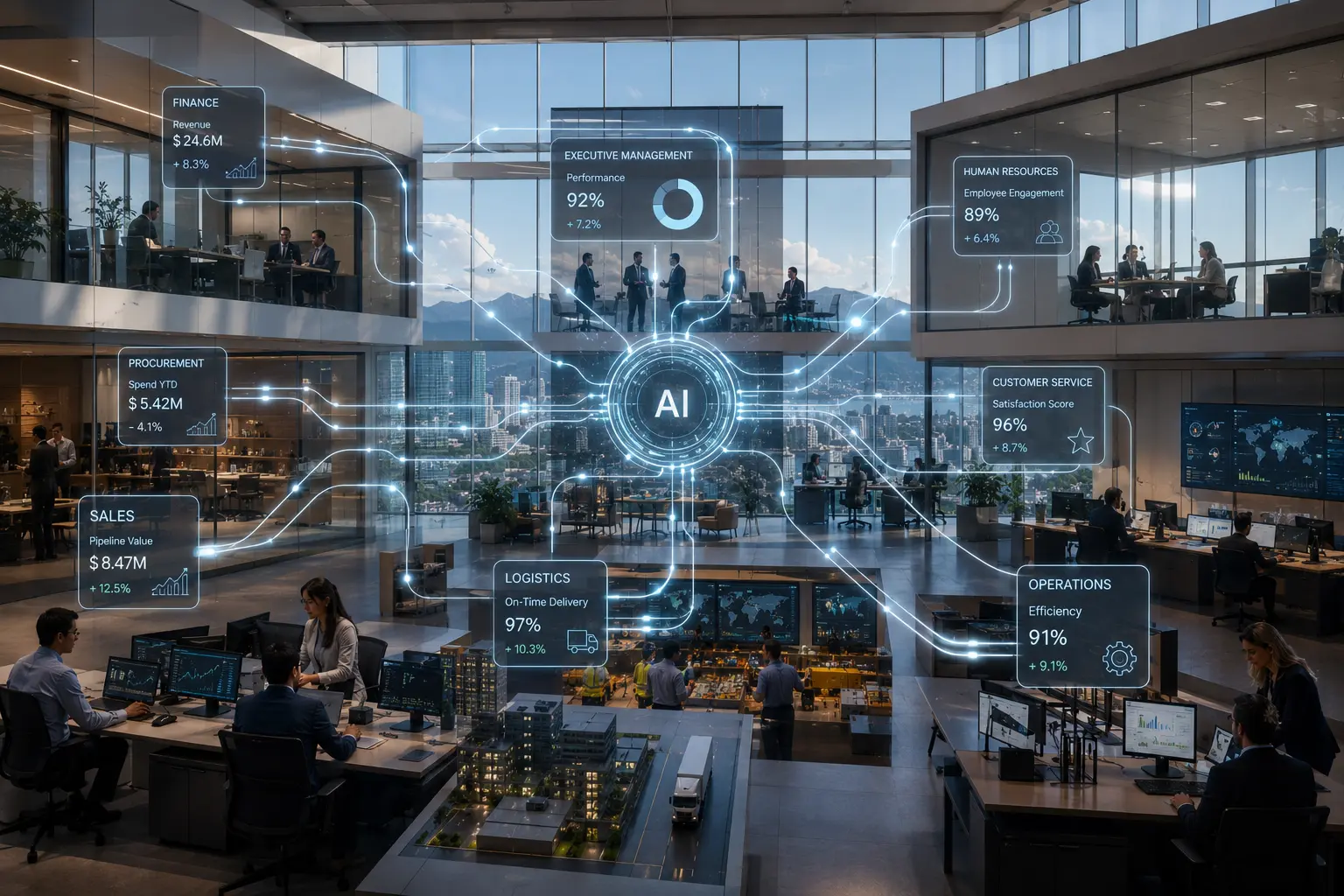 Business process automation strategy powered by AI connecting workflows, departments, and real-time business analytics