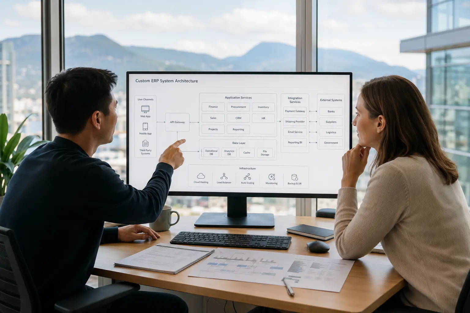 ERP software development team planning ERP process flows, system integrations, and enterprise data architecture