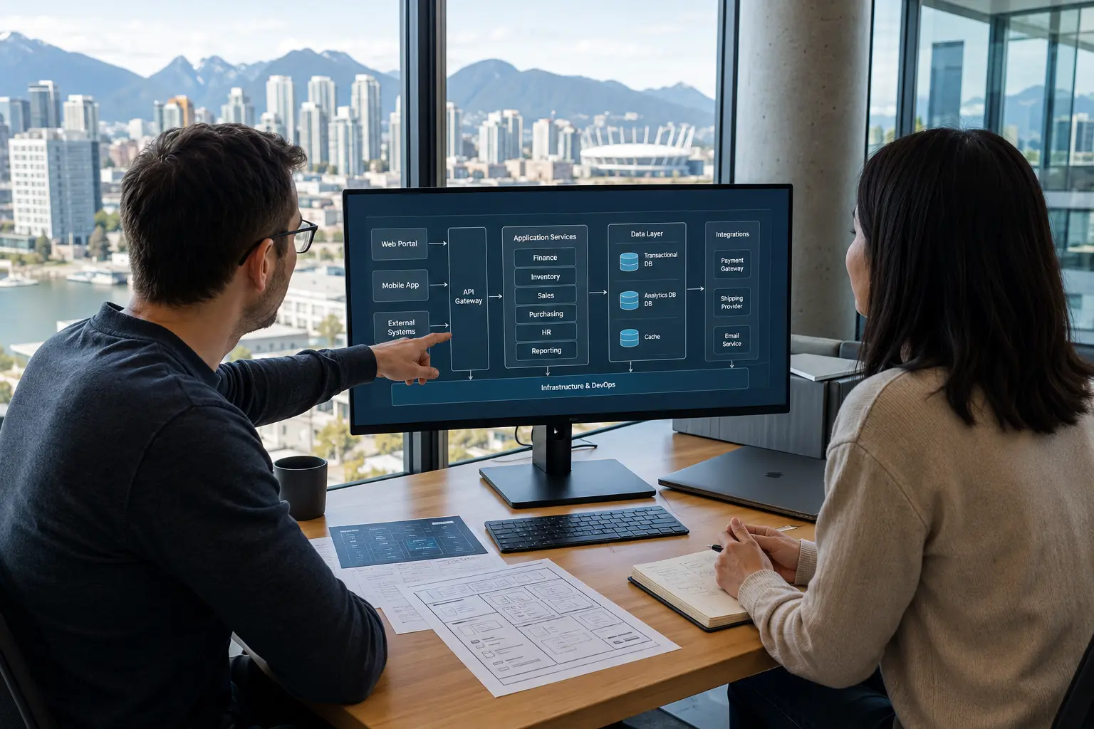 ERP software development specialists reviewing application services, data layers, APIs, and enterprise system integrations