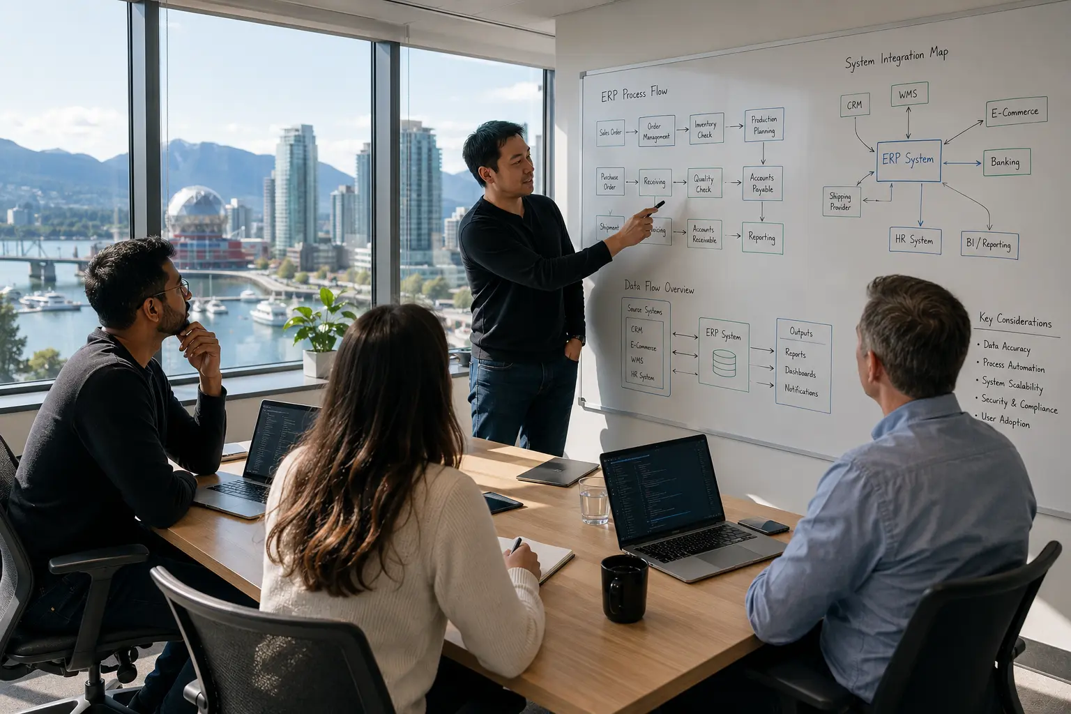 ERP software development architecture showing custom ERP modules, API gateway, data layer, cloud infrastructure, and integrations