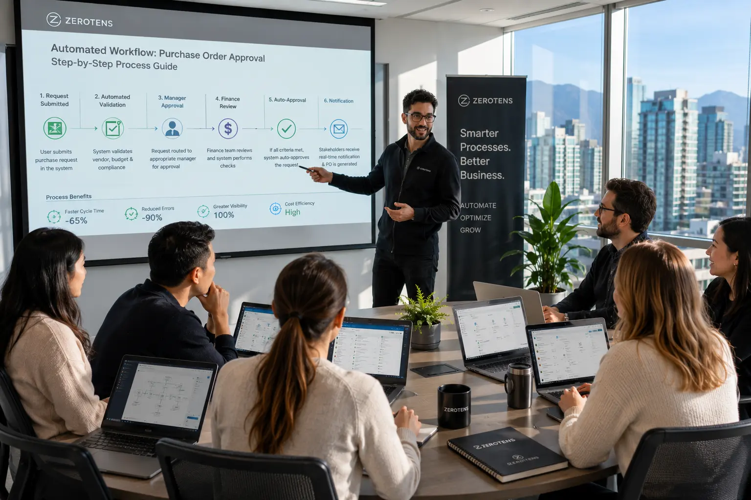 Enterprise automation solutions cost reduction showing finance director reviewing before and after process automation metrics in bright Vancouver office