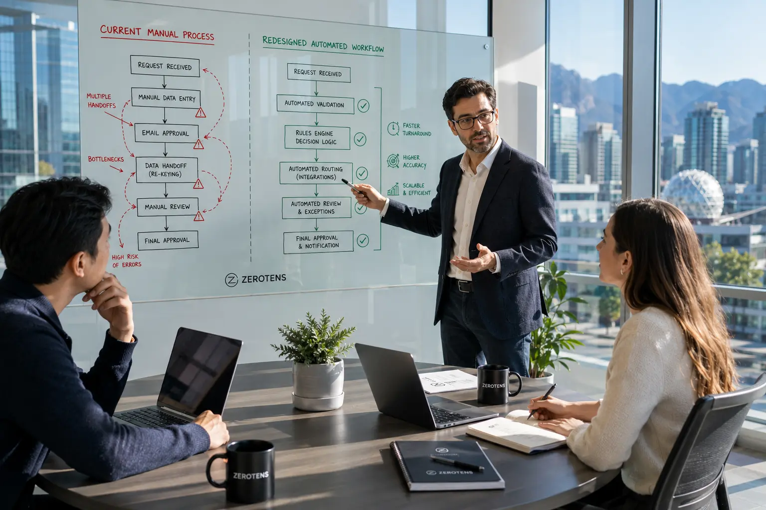 workflow optimization showing Zerotens strategist presenting automation redesign diagram in bright Vancouver technology company meeting room