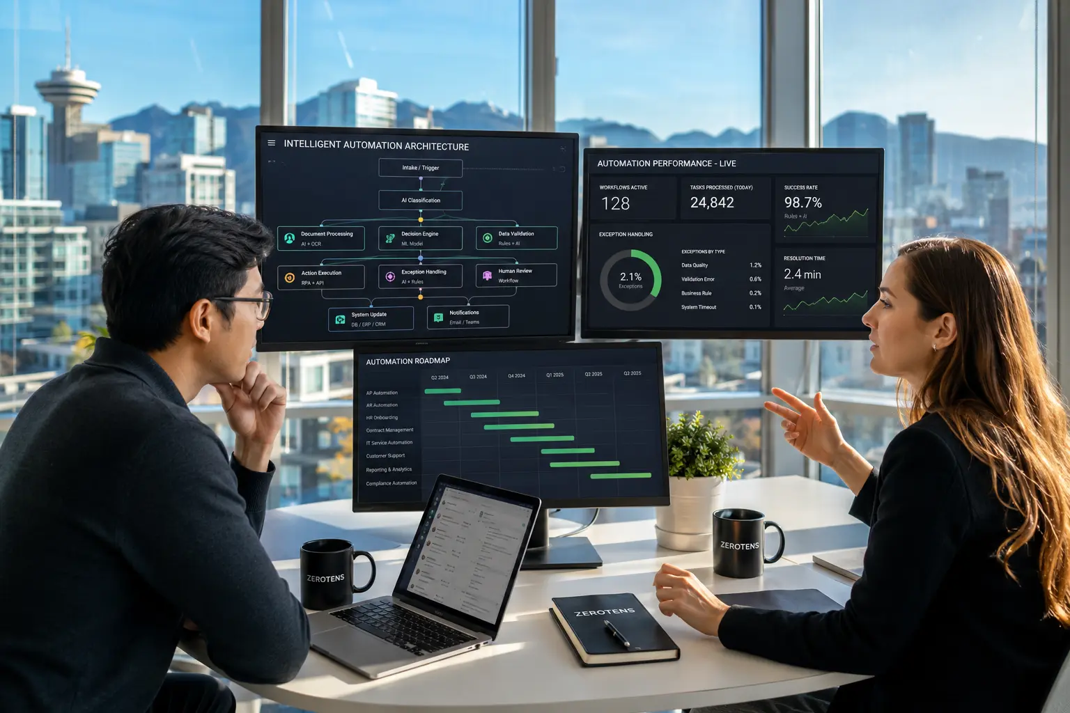 Enterprise automation solutions showing operations manager reviewing live workflow dashboard in bright Vancouver office with city skyline