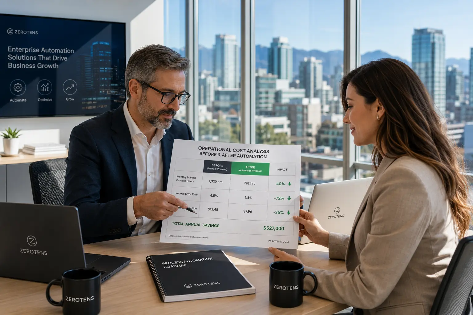 enterprise automation solutions change management showing Zerotens trainer facilitating staff adoption session in bright Vancouver corporate training room