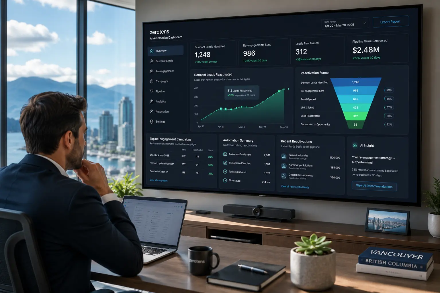 Sales professional in a modern Vancouver office speaking with a client while an AI dashboard automatically manages lead qualification, CRM updates, meeting scheduling, and sales automation in the background.