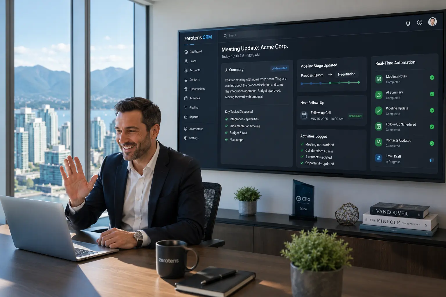Sales manager reviewing an AI dashboard in a Vancouver office showing dormant customer leads reactivated through automated follow-up campaigns and flowing back into the sales pipeline.