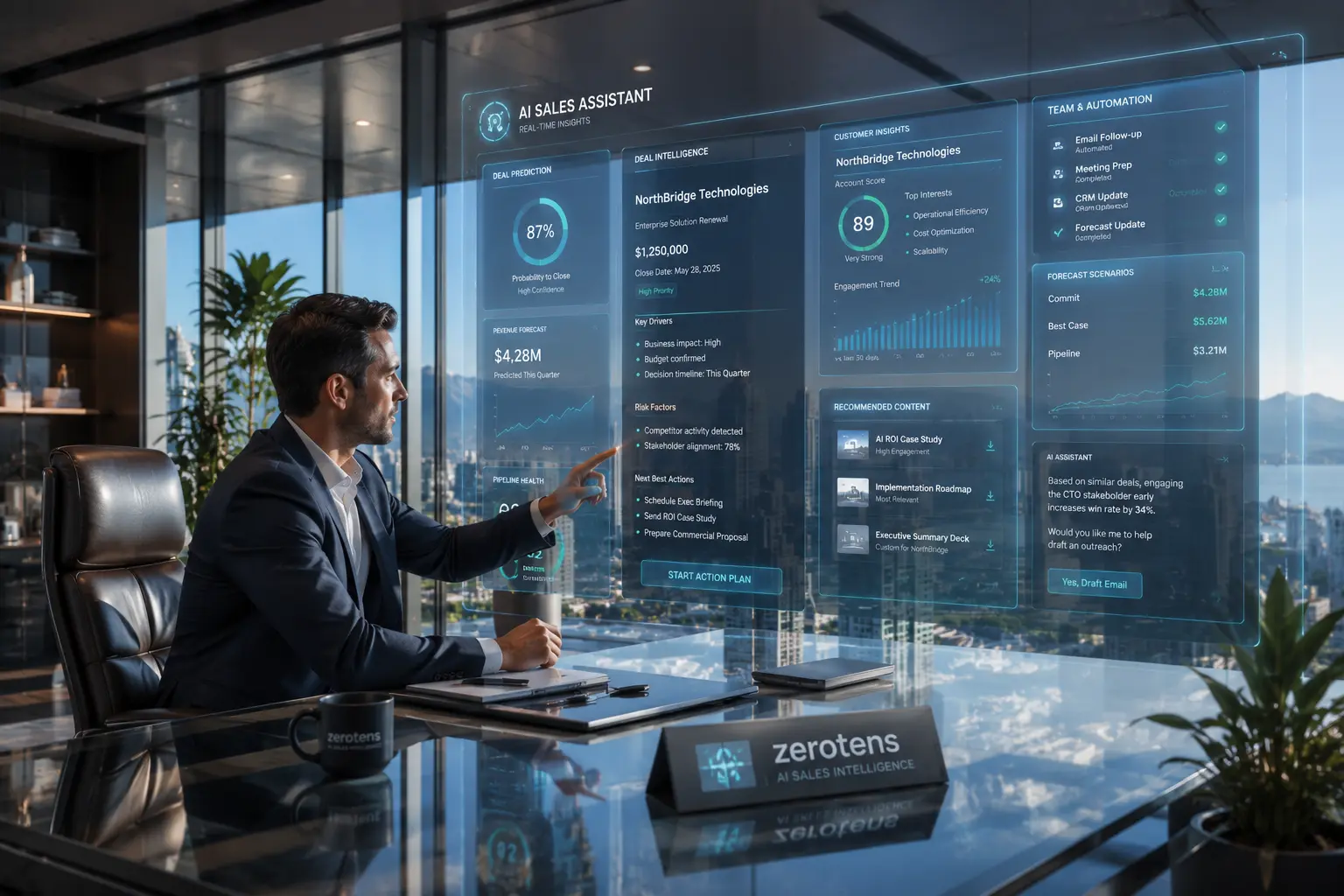 AI sales automation: Sales professional in a bright Vancouver office finishing a client video call while AI automatically updates CRM records, meeting notes, follow-up tasks, and sales pipeline data in the background.