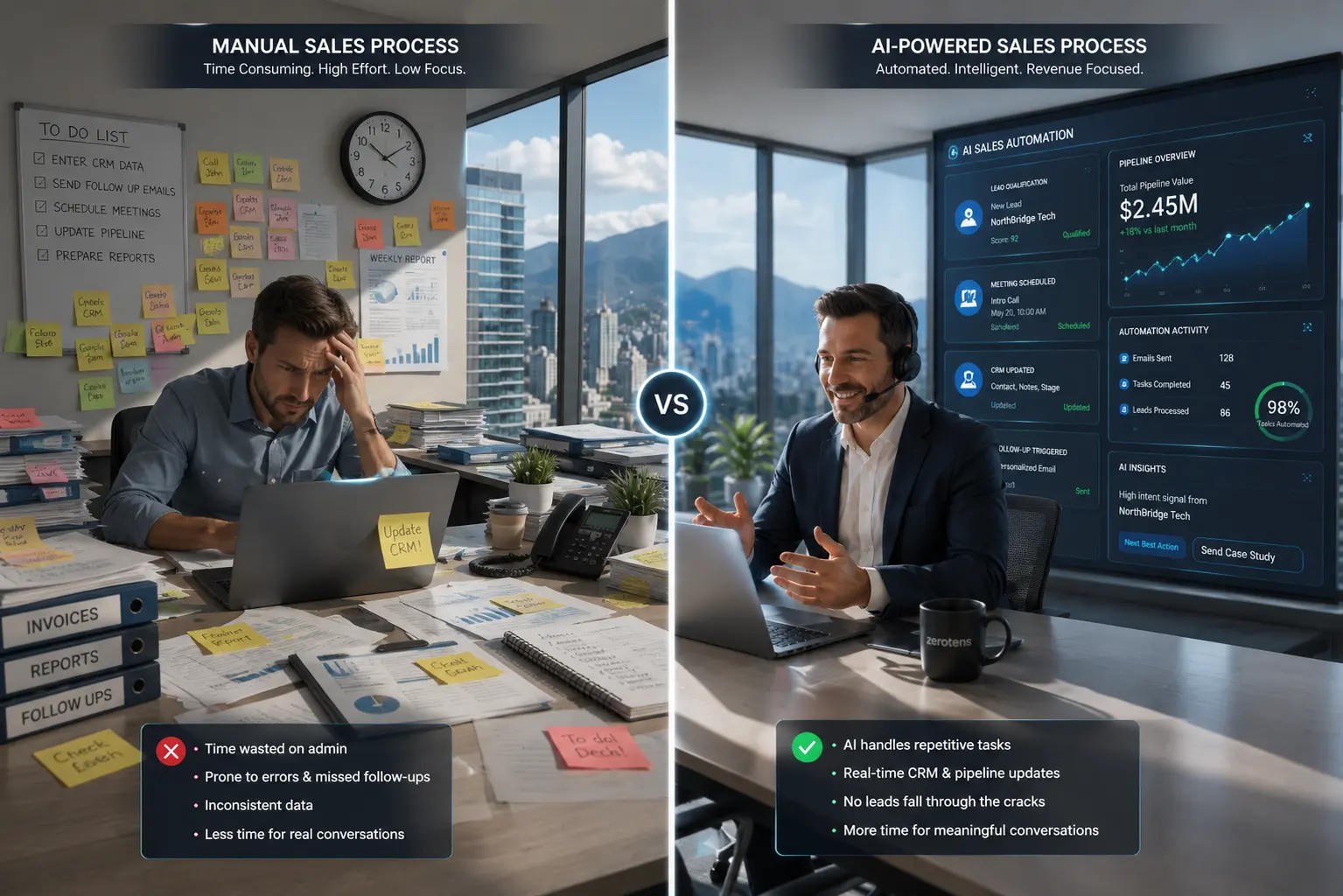 AI Sales Automation: Split-screen comparison of a manual sales workflow overloaded with paperwork and CRM tasks versus an AI-powered sales process where automation manages administrative work while the salesperson focuses on the customer.