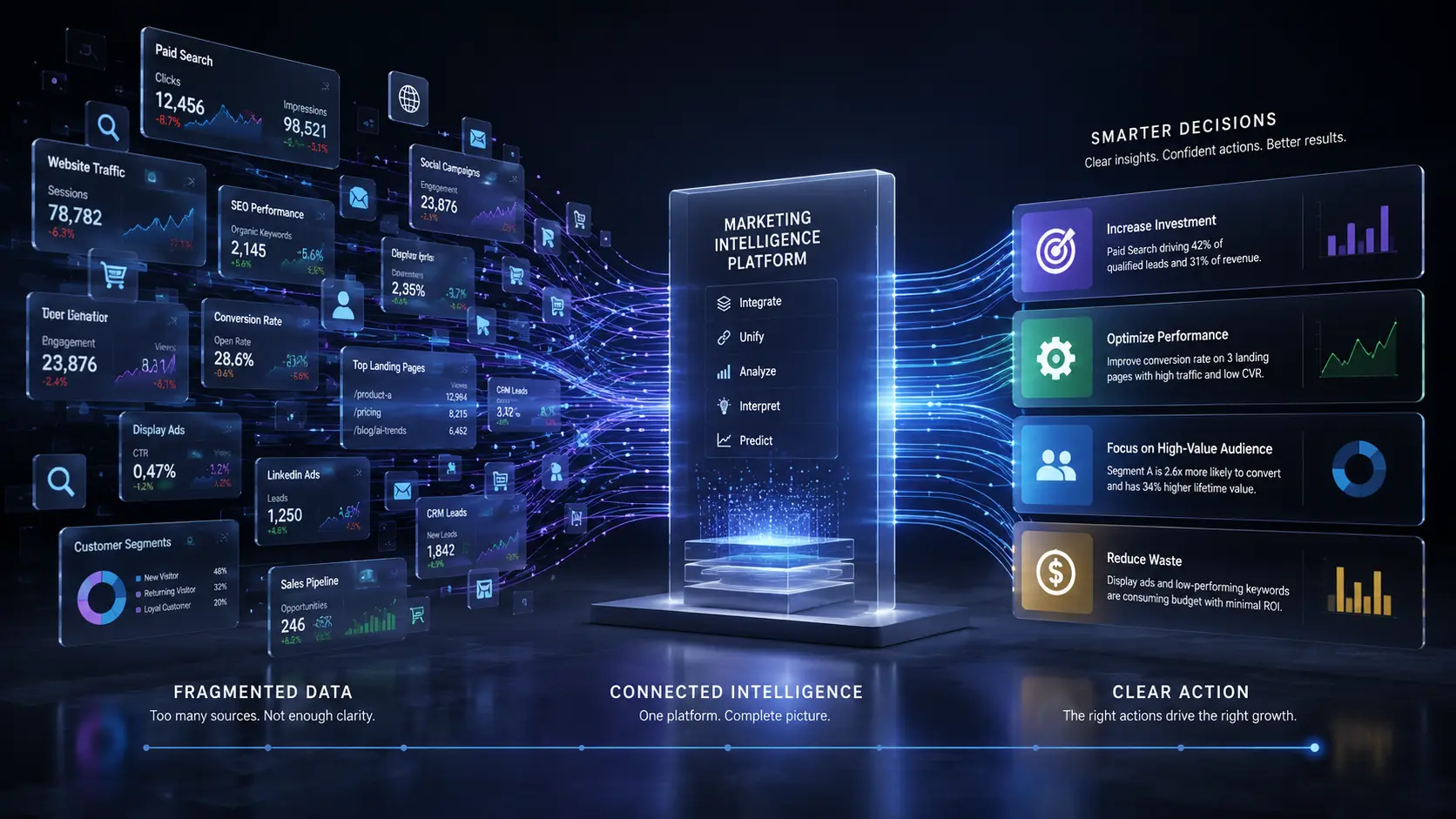 Marketing intelligence platform connecting fragmented marketing data to actionable insights and smarter decisions.