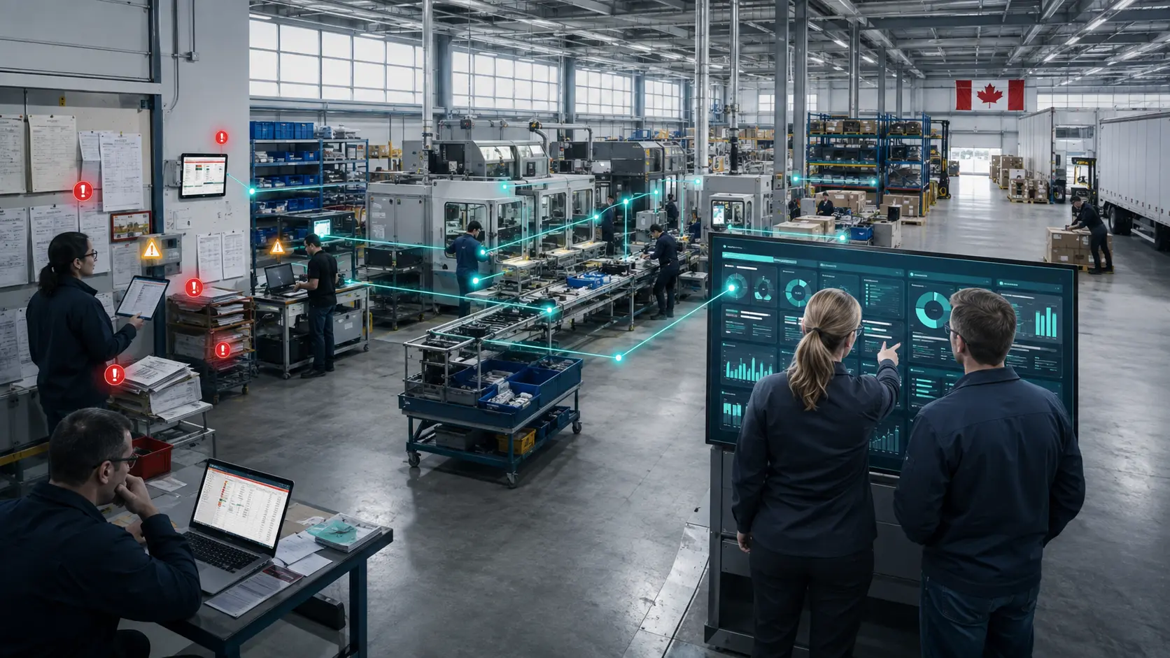 Canadian manufacturing facility connecting production, inventory, quality control, and shipping through custom software.