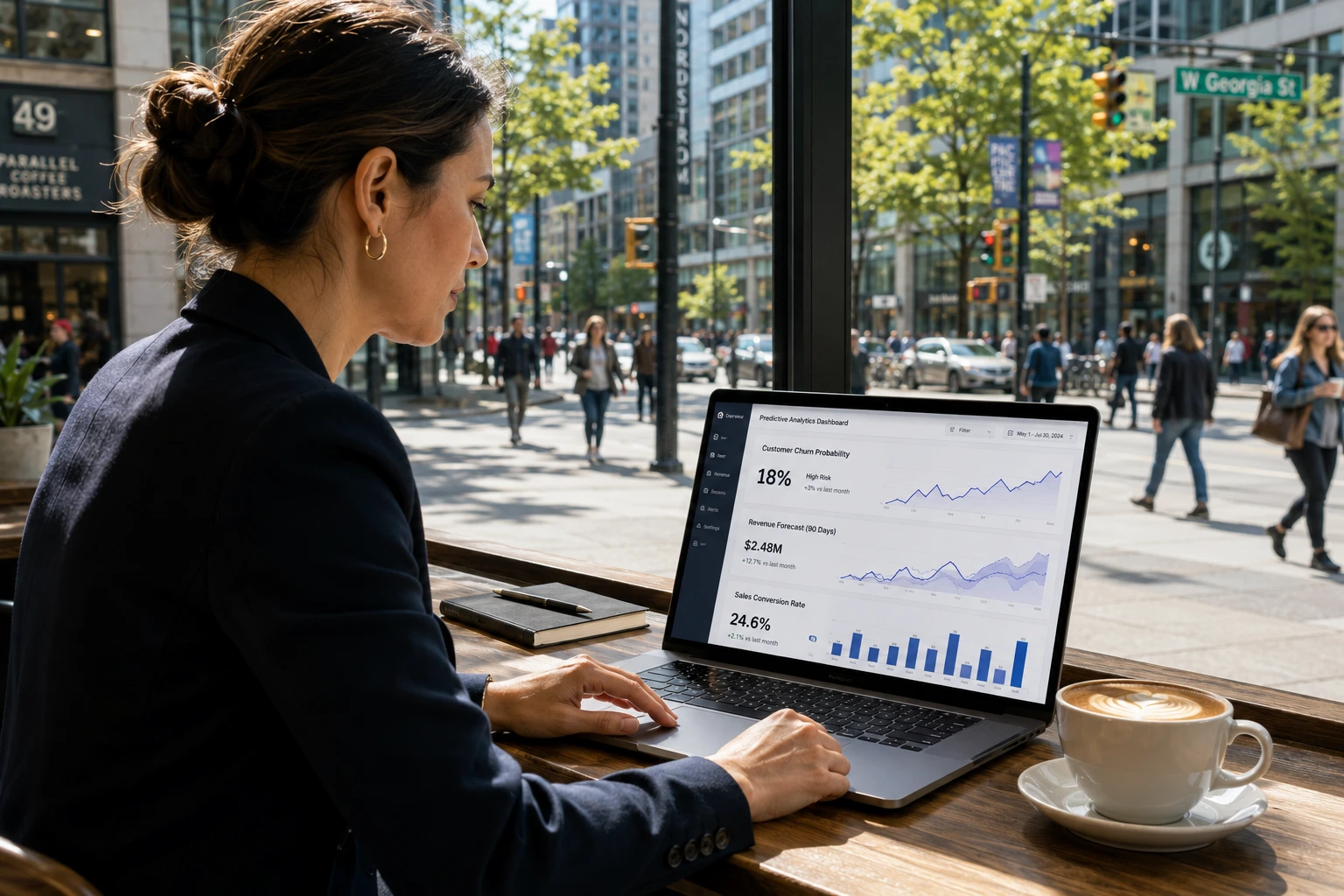 predictive insights showing professional woman reacting to real-time customer churn alert on mobile phone while walking Vancouver downtown street