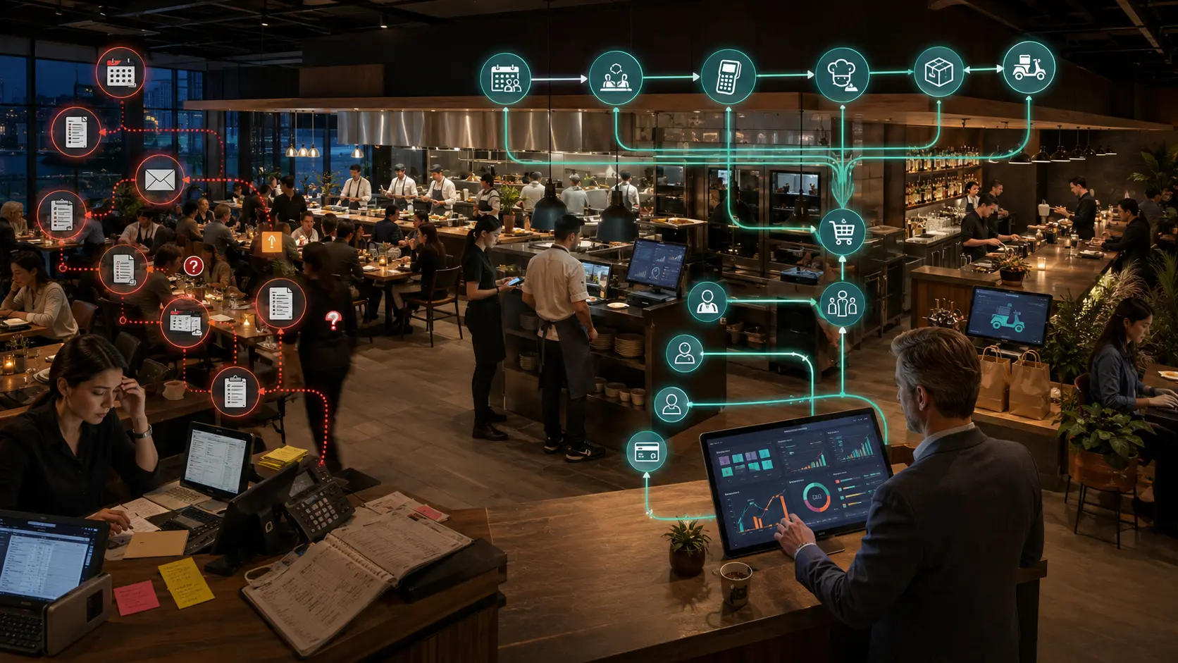 Busy Vancouver restaurant integrating reservations, kitchen operations, inventory, staffing, payments, and reporting through custom software.