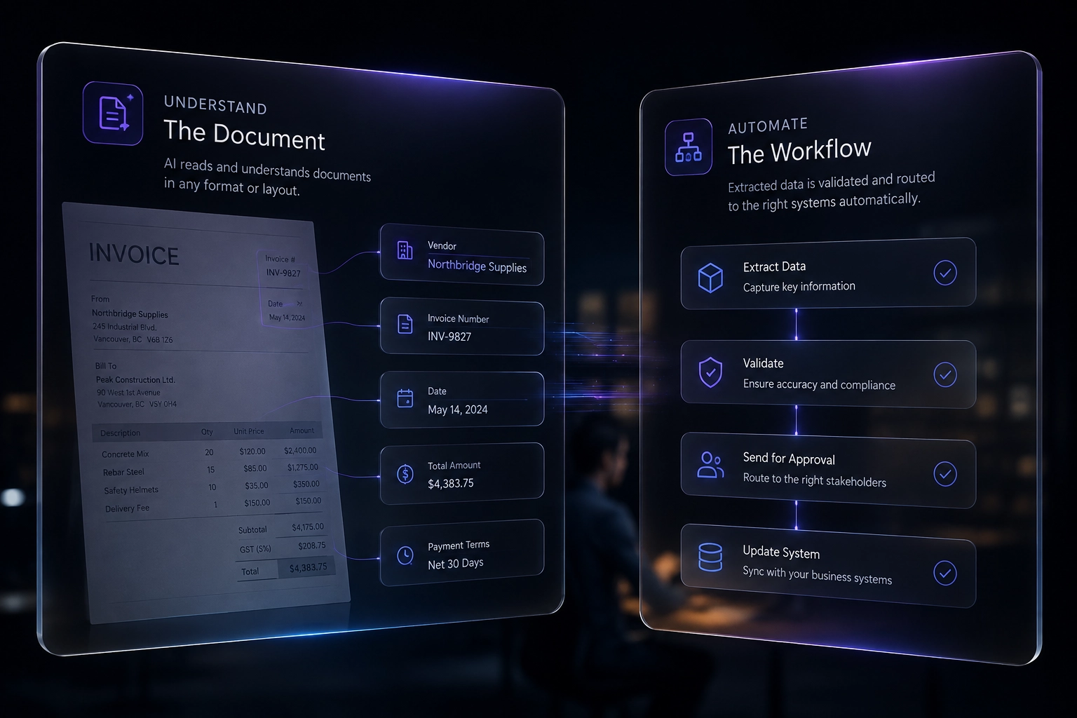 AI document processing extracting structured data from invoices, contracts, purchase orders, and application forms.