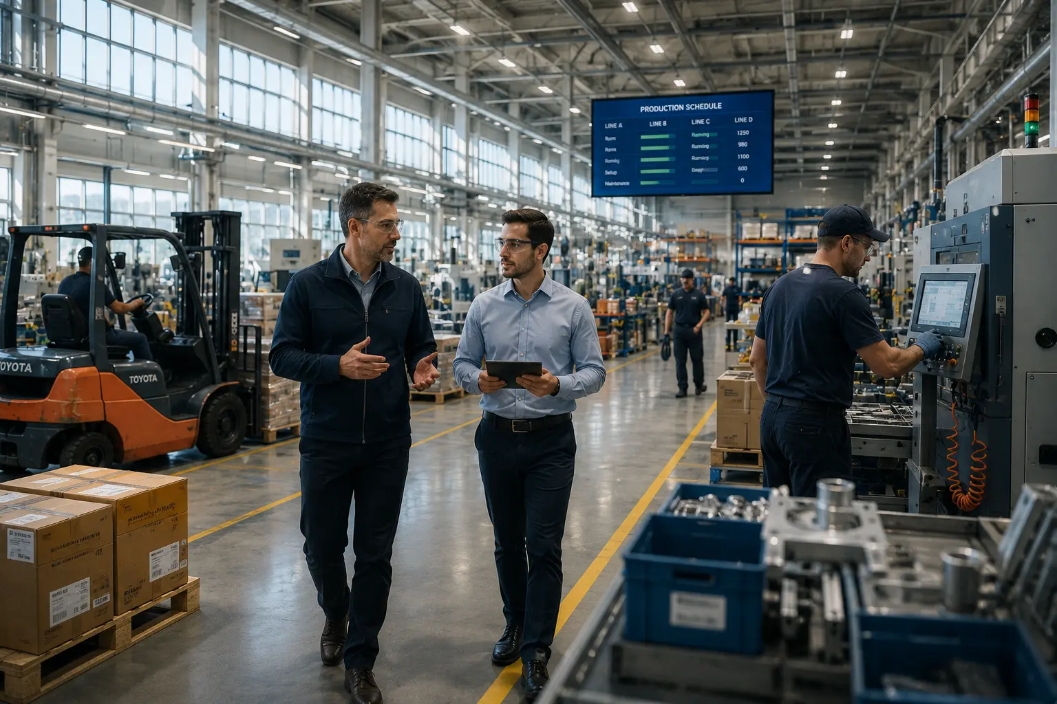 Manufacturing managers discussing AI business consulting strategies to improve production efficiency and workflow optimization in a modern factory.