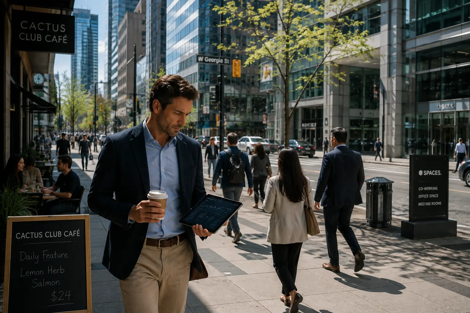 Business professional reviewing business analytics on a tablet while walking through downtown Vancouver after an AI business consulting strategy meeting.