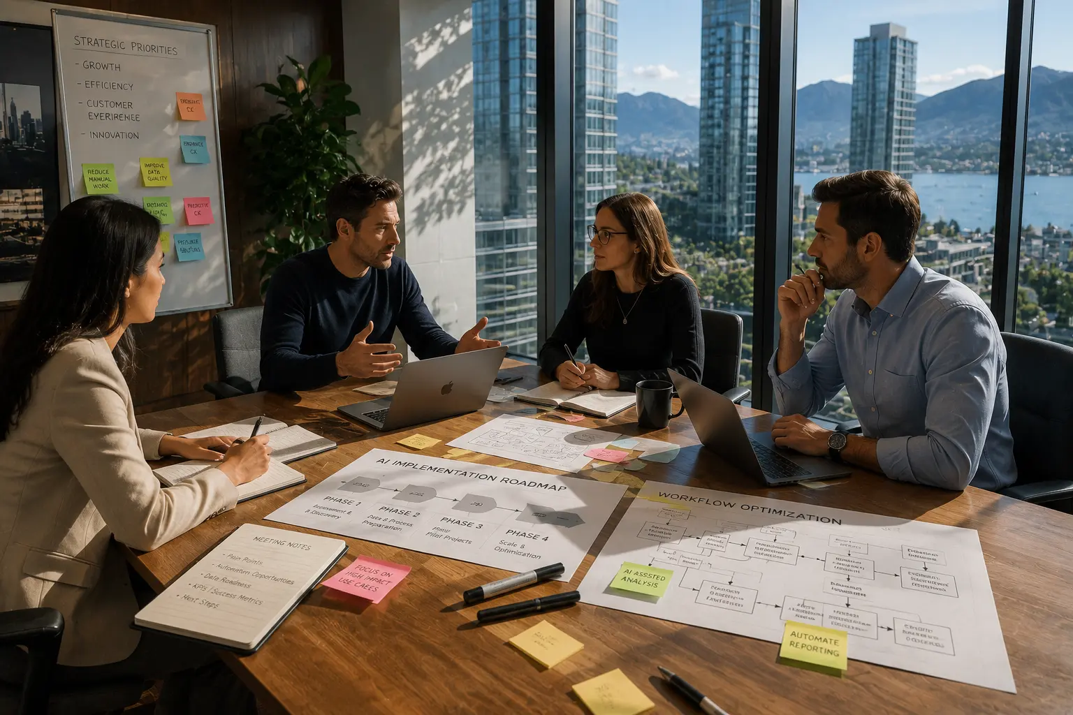 Business leaders collaborating in an AI business consulting workshop to develop an AI strategy and implementation roadmap for business growth.
