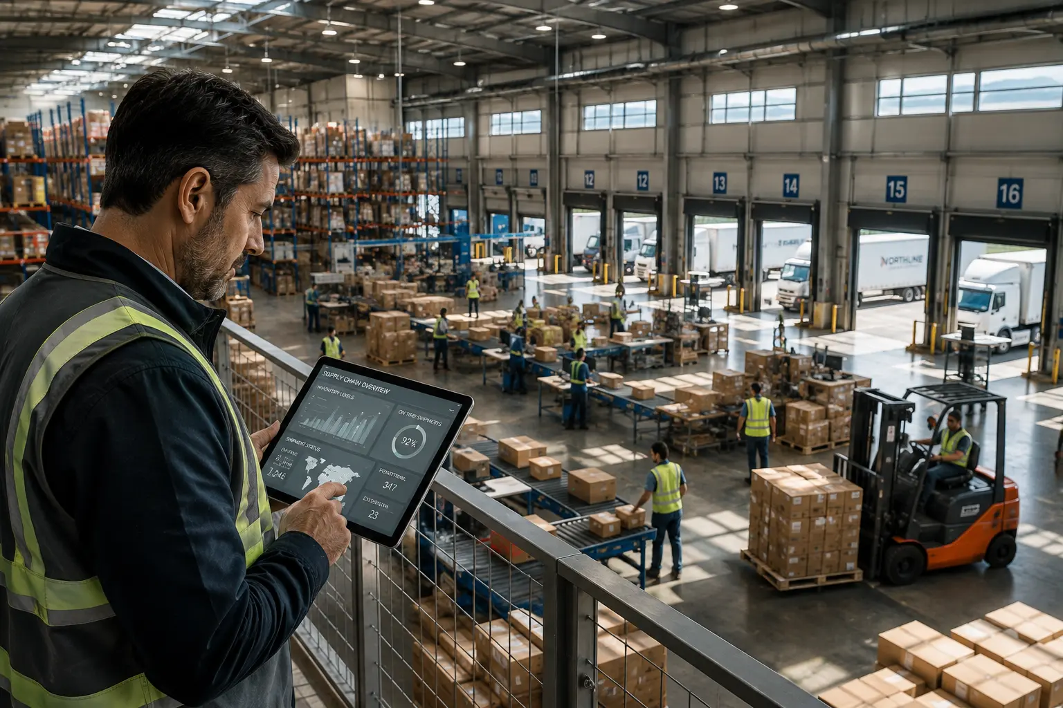 Warehouse manager using AI business consulting insights to monitor inventory, optimize logistics, and improve supply chain operations in a modern distribution center.