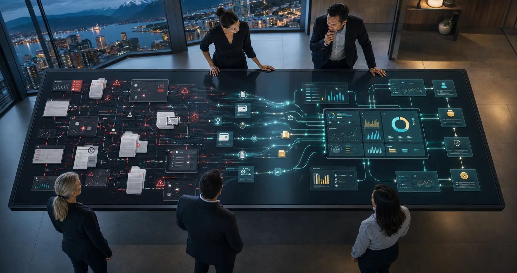 Digital Workflow Optimization-Leadership team viewing an interactive table where disconnected business systems transform into an integrated real-time operational network.